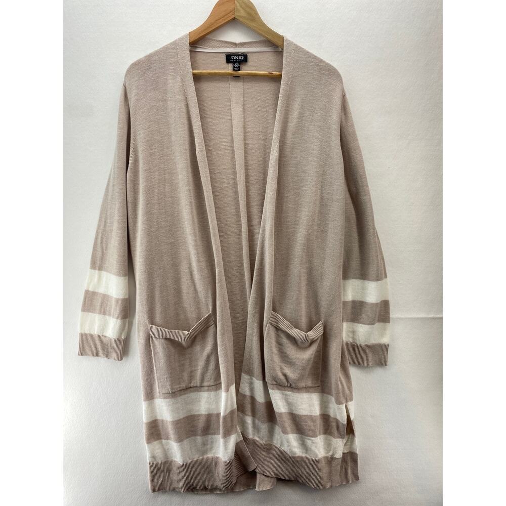 Jones New York Womens XL Beige Striped Open Front Longline Cardigan Sweater‎